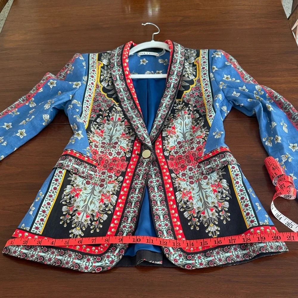 Alice + Olivia Macey Linen Blazer Floral Scarf Print Blue Red Size 2 - Picture 14 of 16